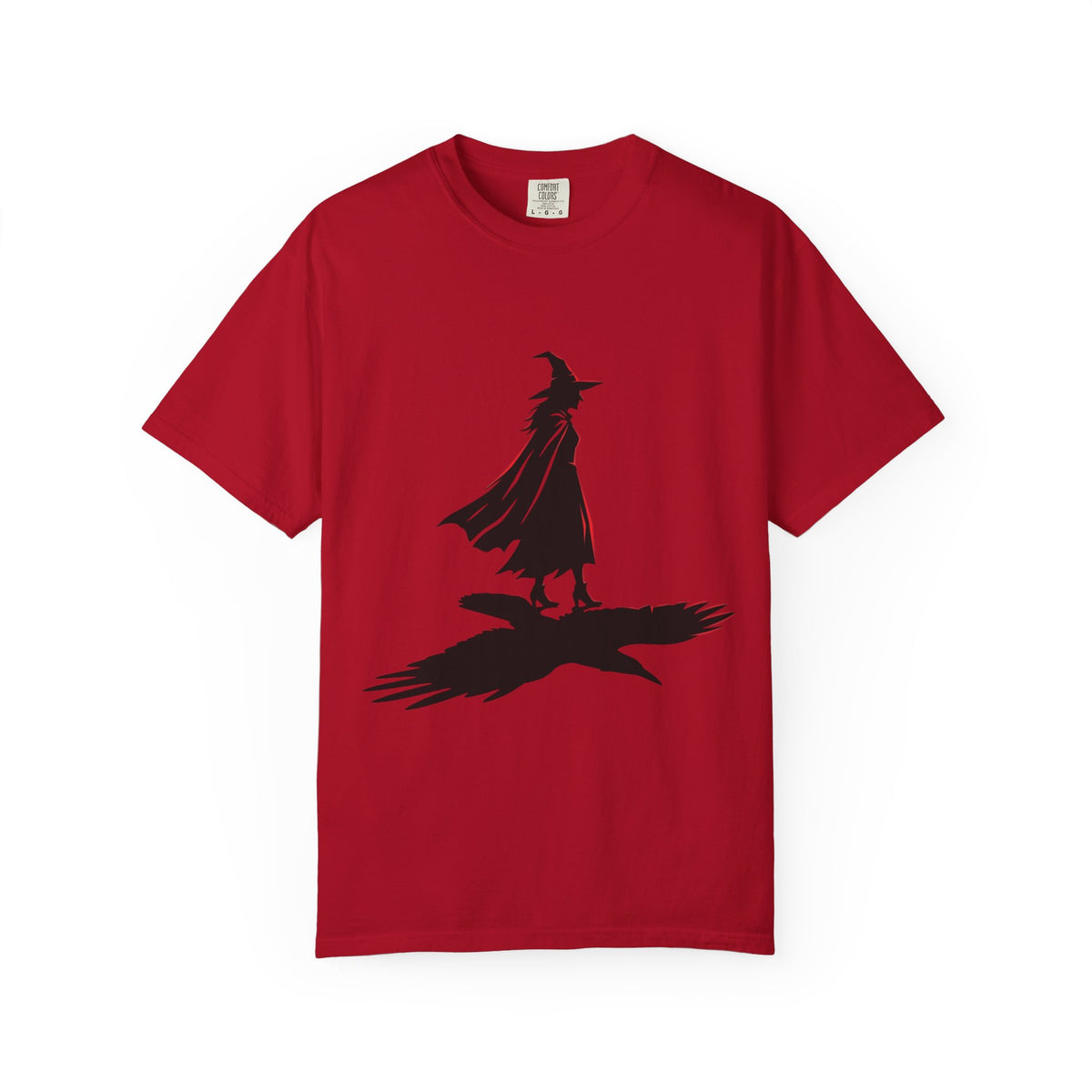 Color: Red | Witch With Raven Shadow Unisex Garment-Dyed Tee
