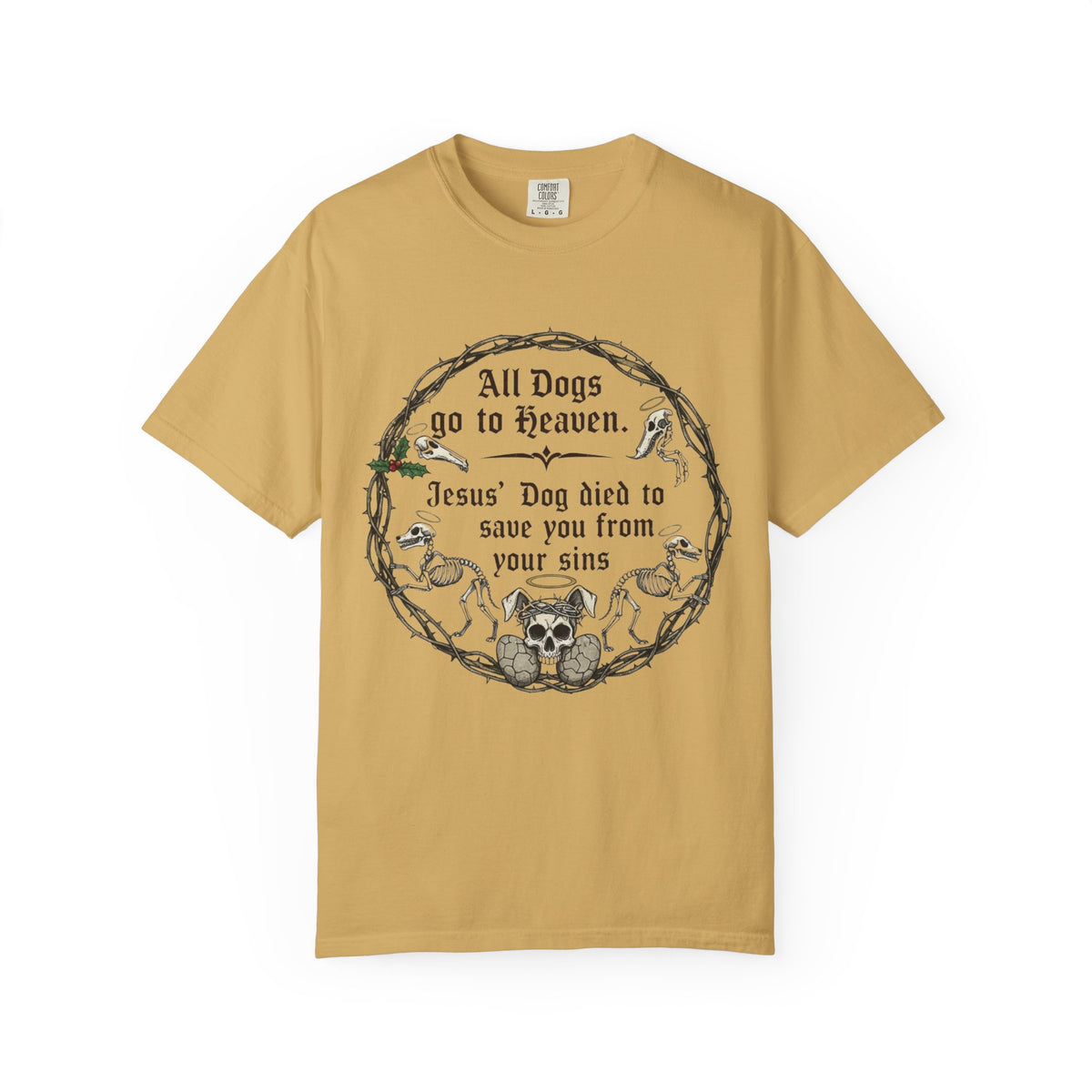 Color: Mustard | All Dogs Go to Heaven Unisex Garment-Dyed T-shirt