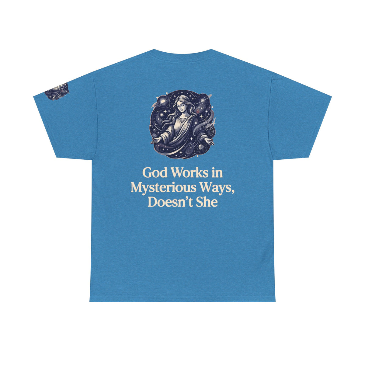 Color: Heather Sapphire | God Works in Mysteroius Ways Premium Graphic Tee