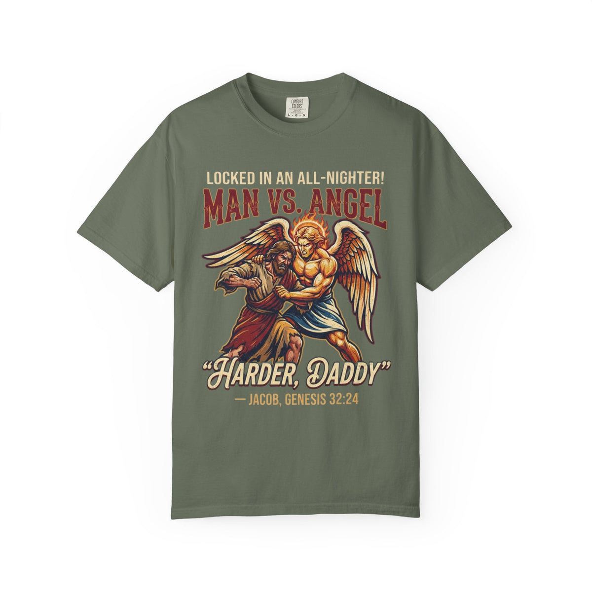 Color: Moss | Good Book Series Man vs Angel Unisex Garment-Dyed Tee