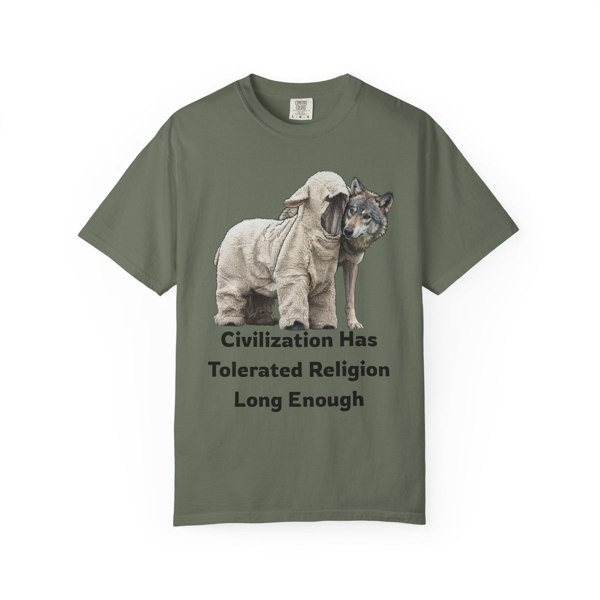 Color: Moss | Civilization Tolerated Religion Unisex Garment-Dyed Tee