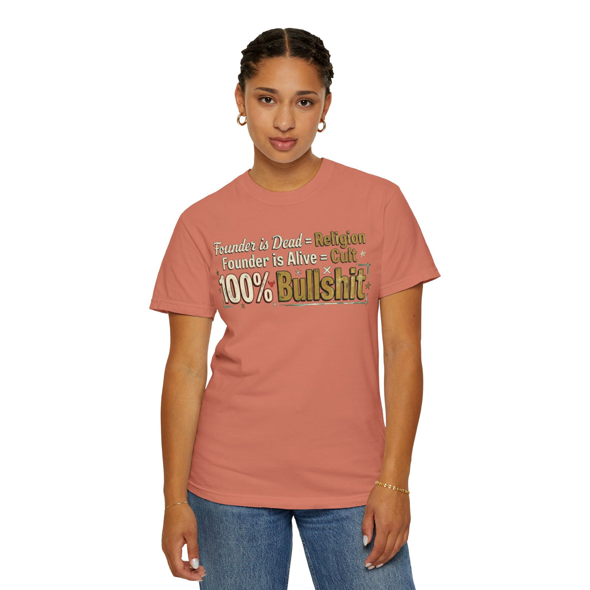 Color: Terracotta | Religion 100% Bullshit Unisex Garment-Dyed Tee