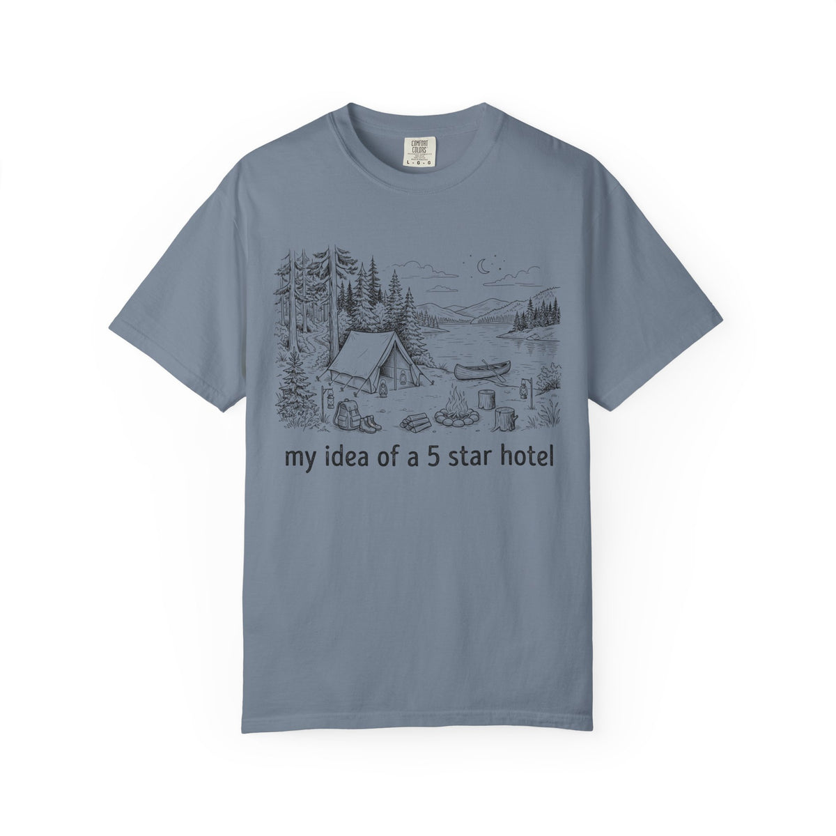 Color: Blue Jean | Five Star Hotel Black Line Art Unisex Garment-Dyed Tee