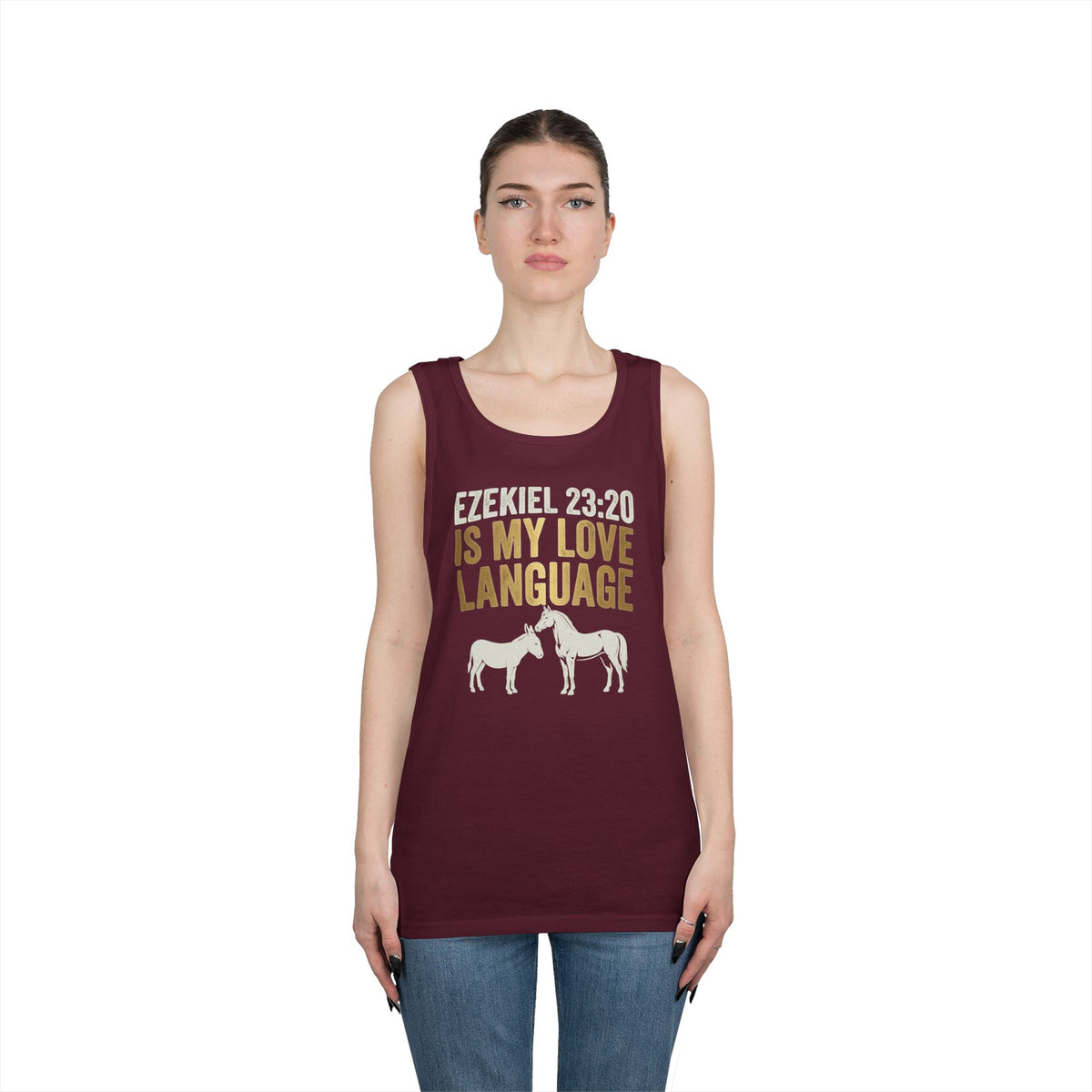 Color: Maroon | Good Book Series Ezekiel 23 20 Love Language Tank Top