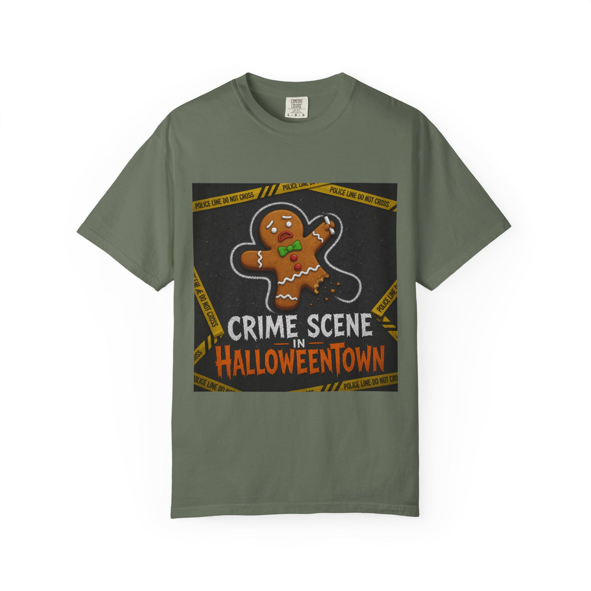 Color: Moss | Crime Scene in Halloweentown Unisex Garment-Dyed Tee