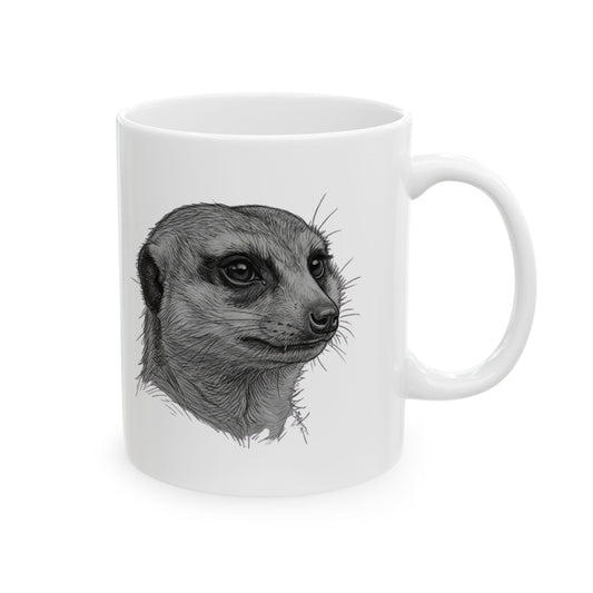 "Pencil Sketch Art Meerkat" White Ceramic Mug — Graphic