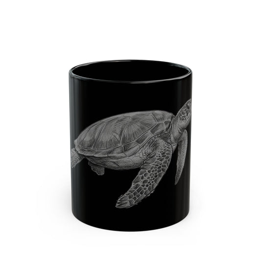 "Pencil Sketch Art Sea Turtle" Black Ceramic Mug