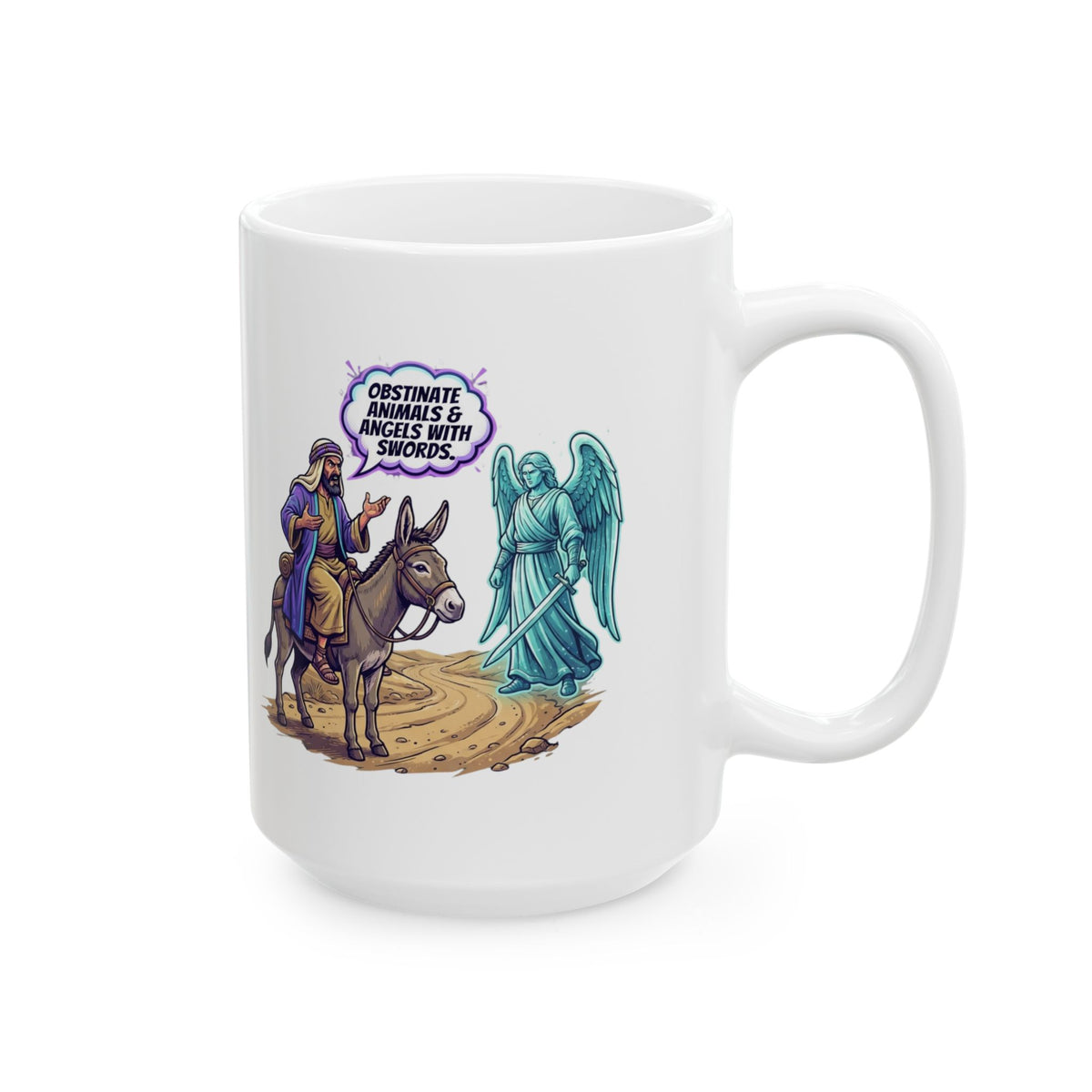 "Good Book Series Obstinate Animals & Angels With Swords" White Ceramic Mug