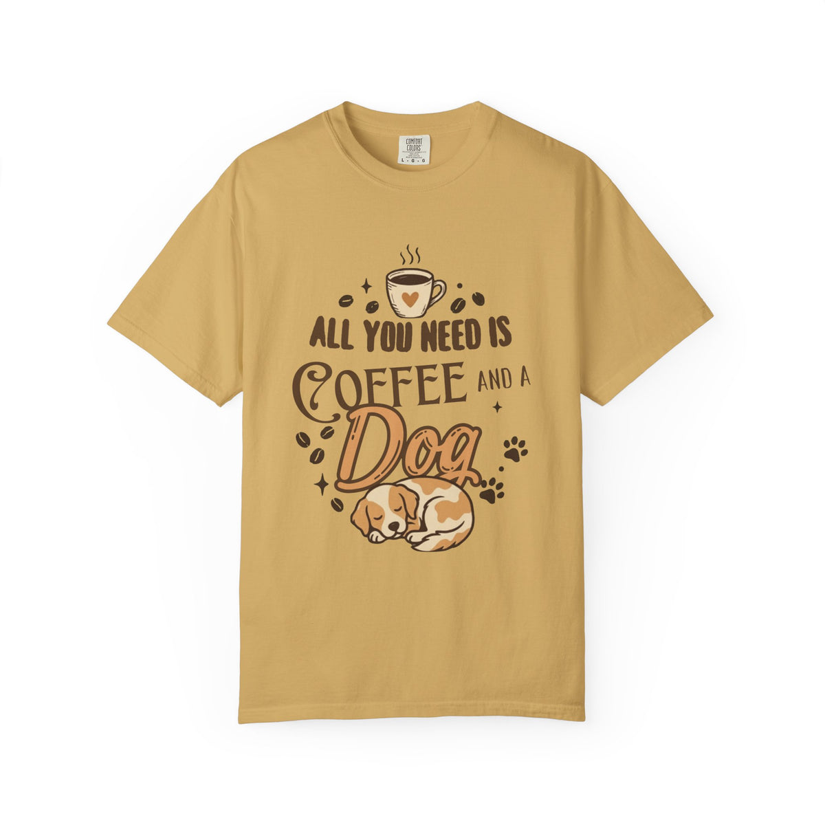 Color: Mustard | Coffee and a Dog Unisex Garment-Dyed Tee