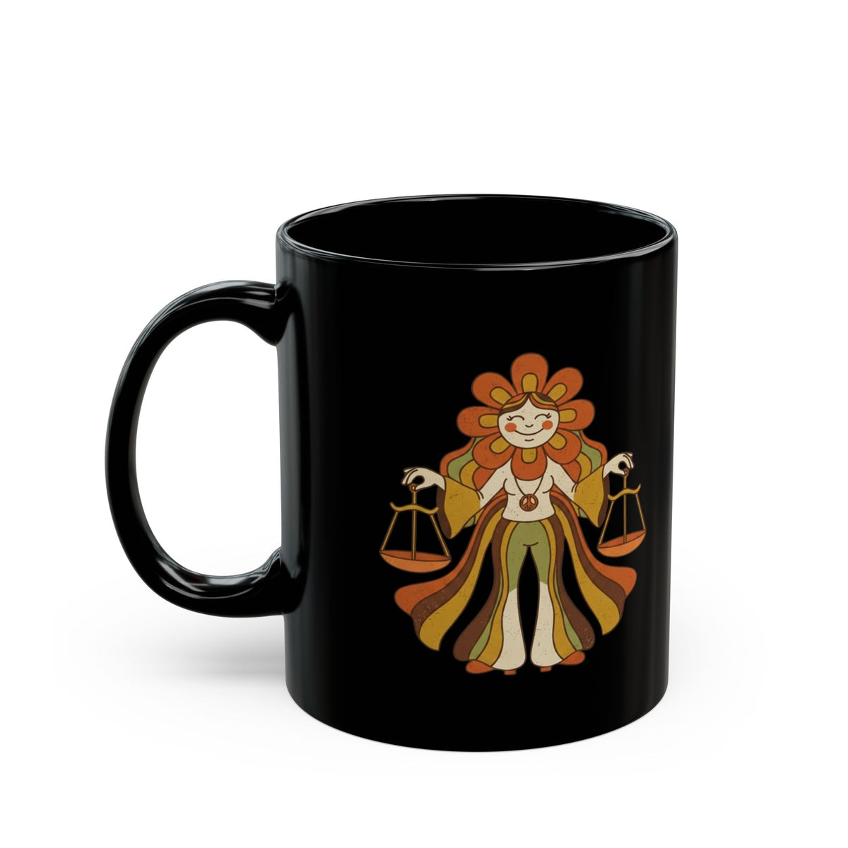 "Retro Mascot Groovy Libra" Black Ceramic Mug — Graphic