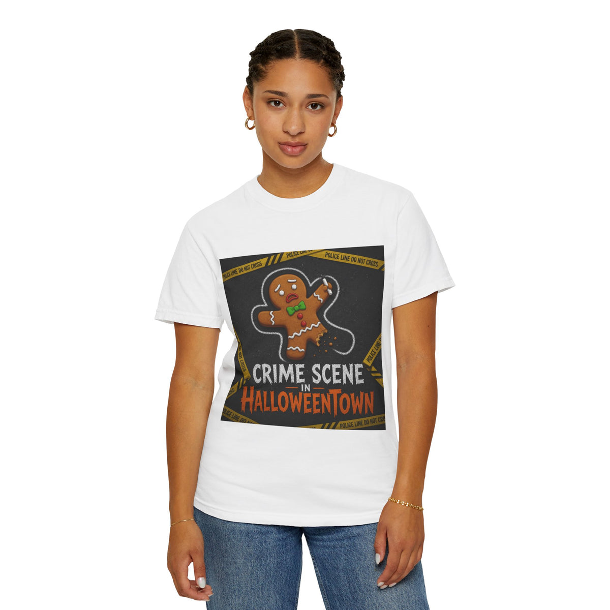 Color: White | Crime Scene in Halloweentown Unisex Garment-Dyed Tee