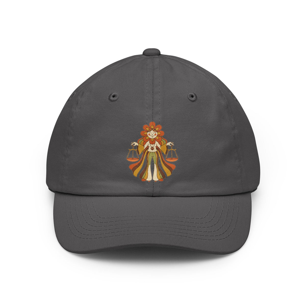 Color: Charcoal | Retro Mascot Groovy Libra Dad Hat — Graphic