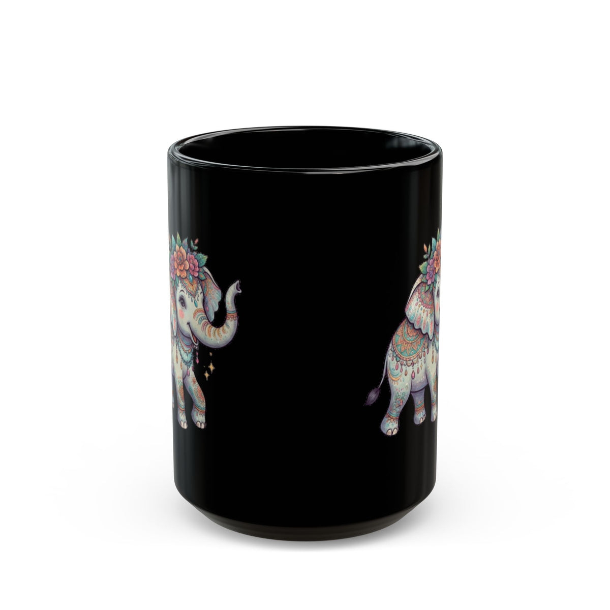 "Hippy Elephant" Black Ceramic Mug