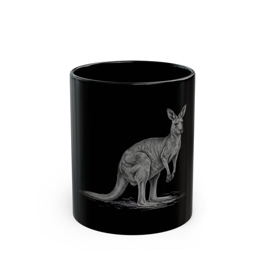 "Pencil Sketch Art Kangaroo" Black Ceramic Mug