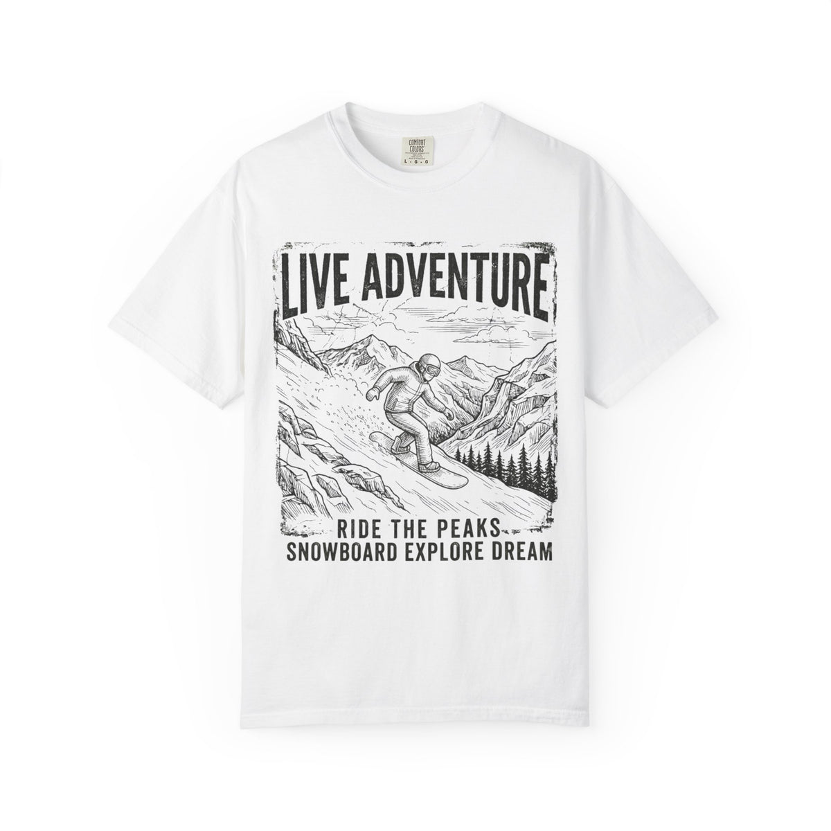 Color: White | Live Adventure - Snowboard Unisex Garment-Dyed Tee