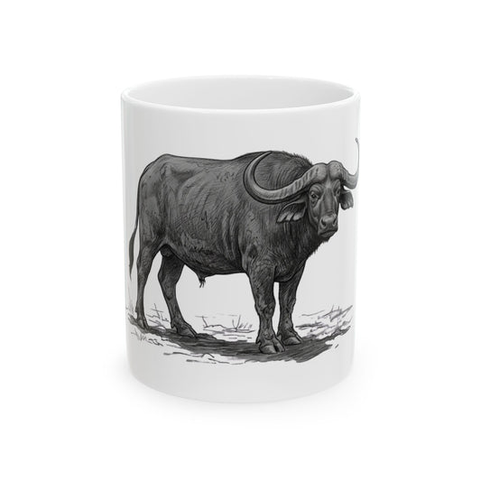 "Pencil Sketch Art Cape Buffalo" White Ceramic Mug
