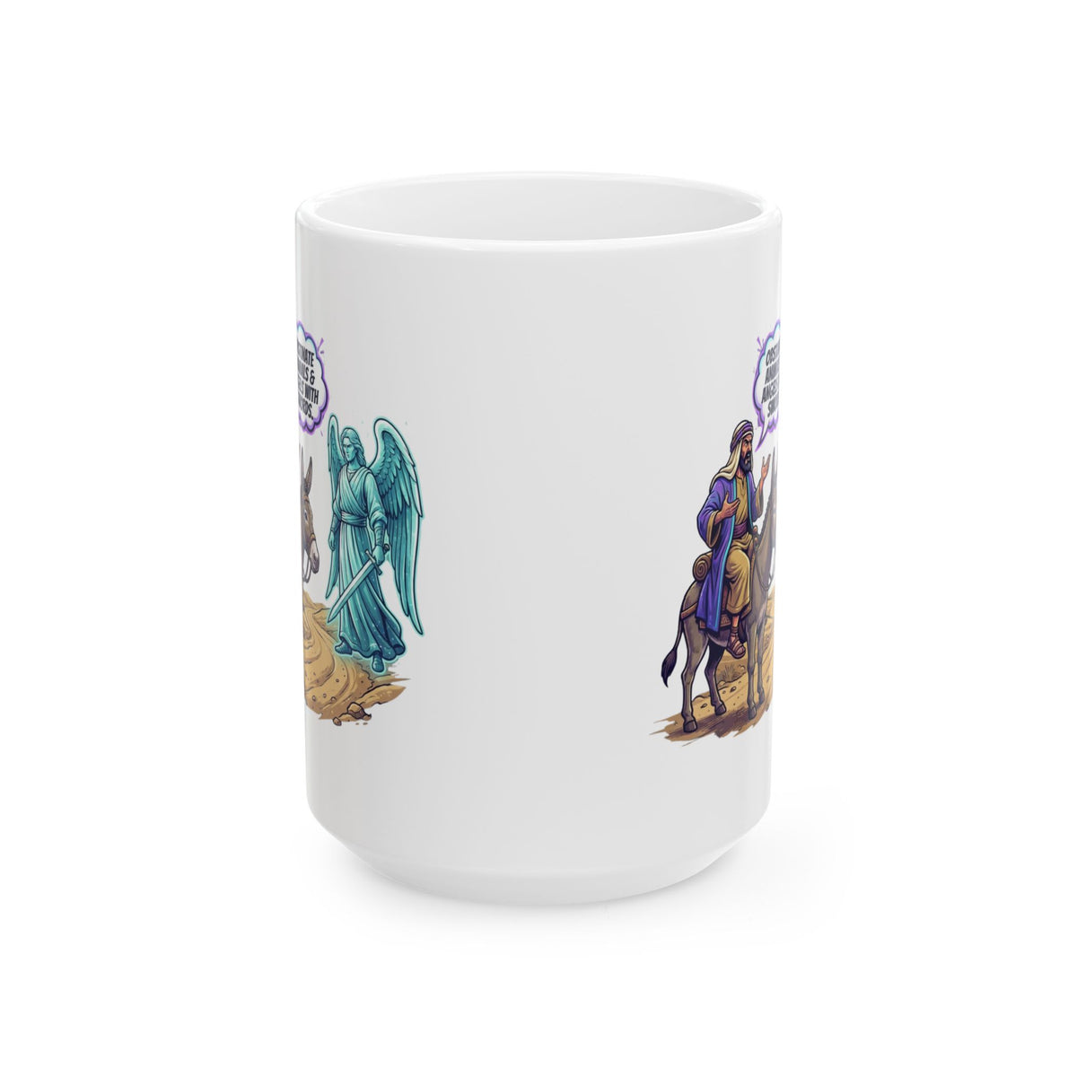 "Good Book Series Obstinate Animals & Angels With Swords" White Ceramic Mug