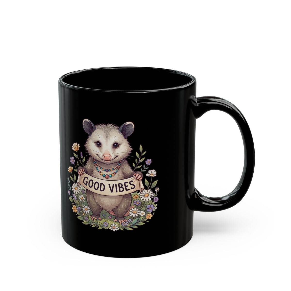 "Hippy Opossum" Black Ceramic Mug