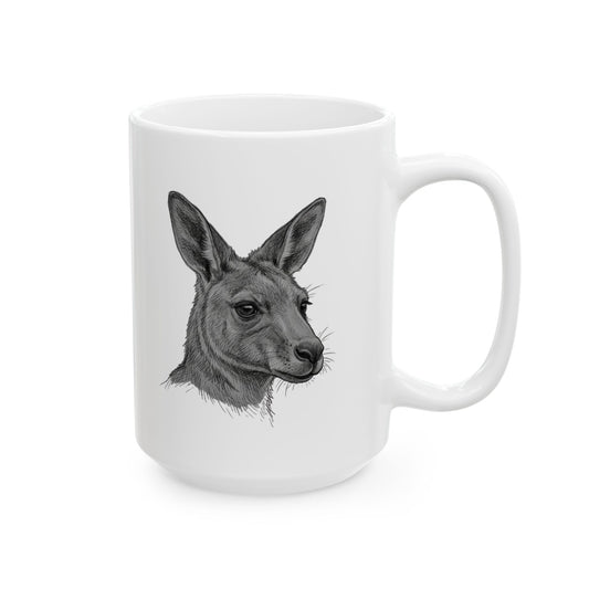 "Pencil Sketch Art Kangaroo" White Ceramic Mug — Graphic