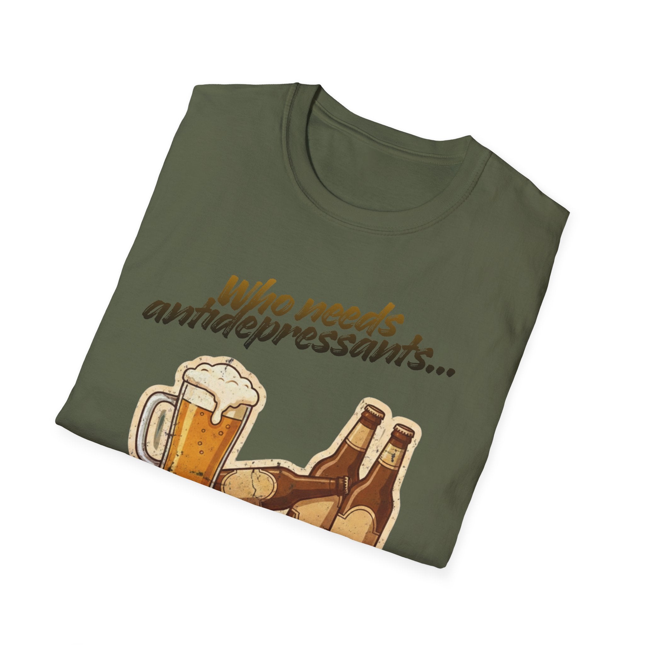 Beer Graphic T-Shirt — "Who Needs Antidepressants When You Have Beer?" Retro Pint Design