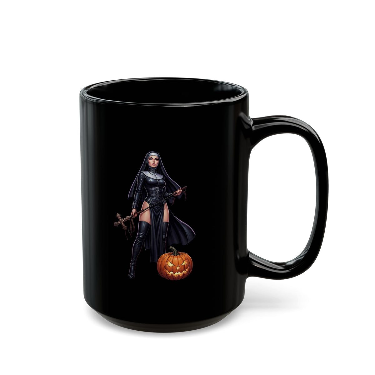 "Sexy Halloween Nun" Black Ceramic Mug