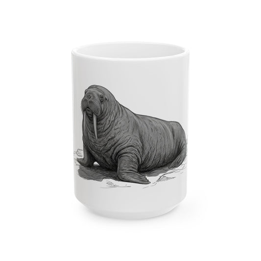 "Pencil Sketch Art Walrus" White Ceramic Mug