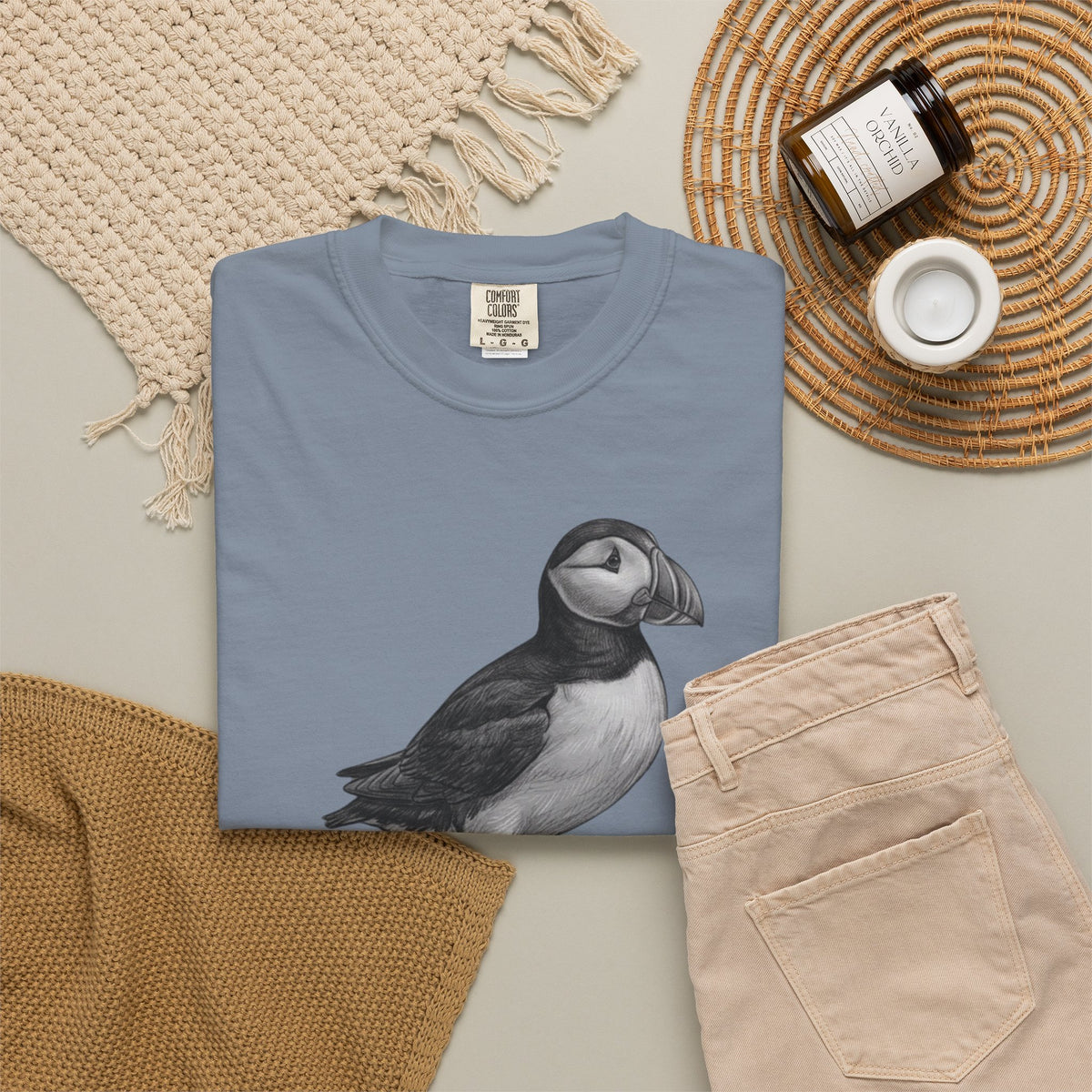 "Pencil Sketch Art Puffin" Unisex Garment-Dyed Tee