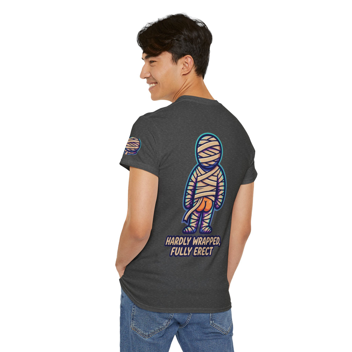 Color: Dark Heather | Hardly Wrapped, Fully Erect Premium Graphic Tee