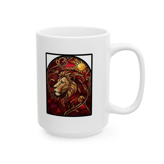"Stained Glass Sign LEO" White Ceramic Mug — Graphic