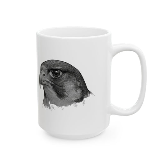 "Pencil Sketch Art Falcon" White Ceramic Mug — Graphic