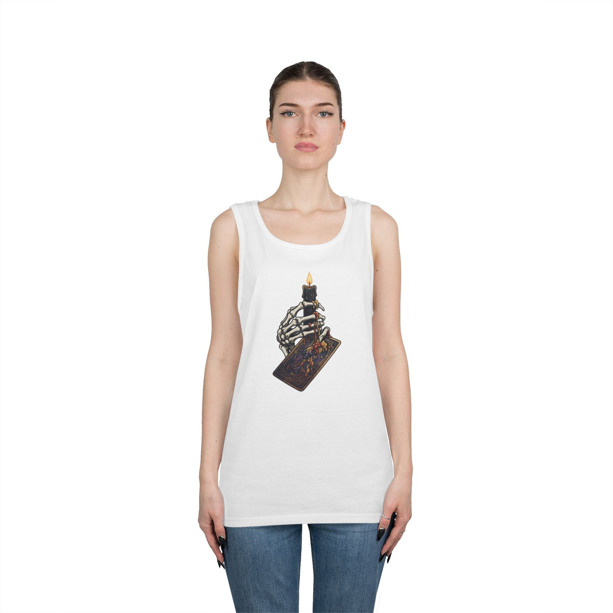 Color: White | Skeletal Hand And Tarot Card Tank Top
