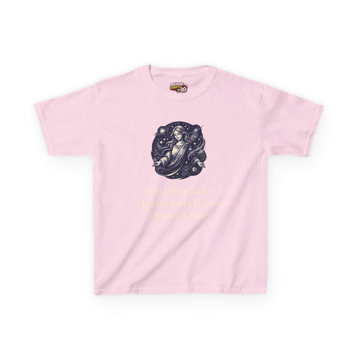 Color: Light Pink | God Works in Mysteroius Ways Kids Tee