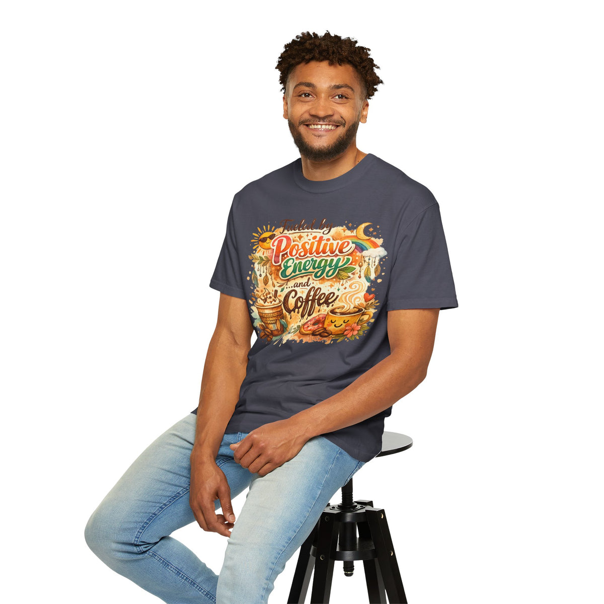 Color: Navy | Fueled by Positive Energy and Coffee T-Shirt Unisex Garment-Dyed T-shirt
