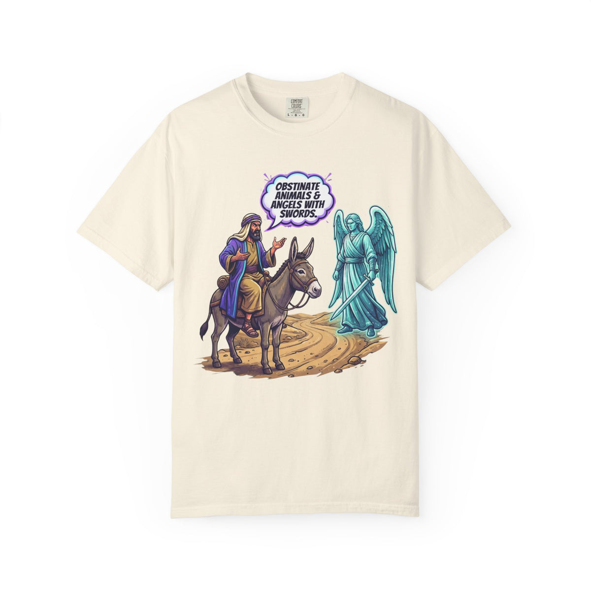 Color: Ivory | Good Book Series Obstinate Animals & Angels With Swords Unisex Garment-Dyed Tee