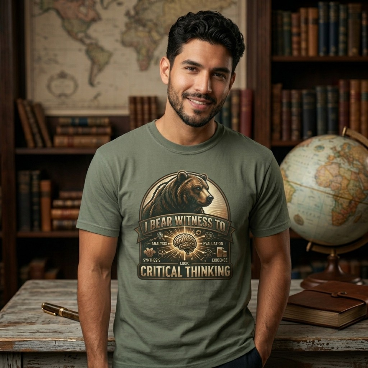 Color: Moss | I Bear Witness to Critical Thinking Unisex Garment-Dyed T-shirt
