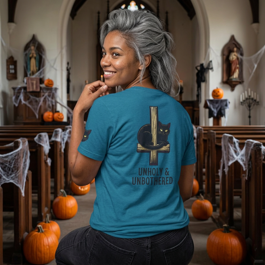 Color: Antique Sapphire | Unholy and Unbothered Premium Graphic Tee