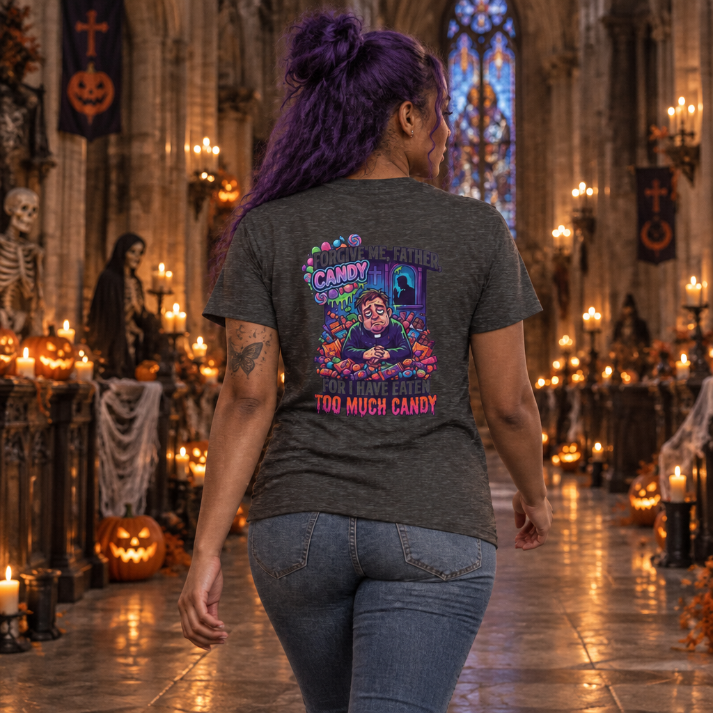 Color: Dark Heather | Forgive Me Father Too Much Candy Women's Tee