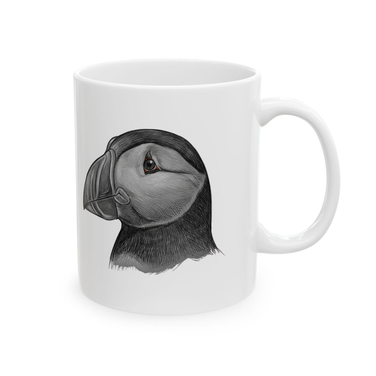 "Pencil Sketch Art Puffin" White Ceramic Mug — Graphic
