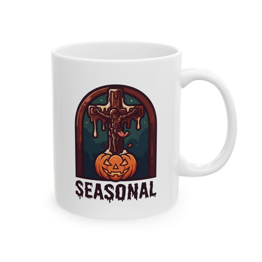 "Seasonal Transubstantiation" White Ceramic Mug — Graphic
