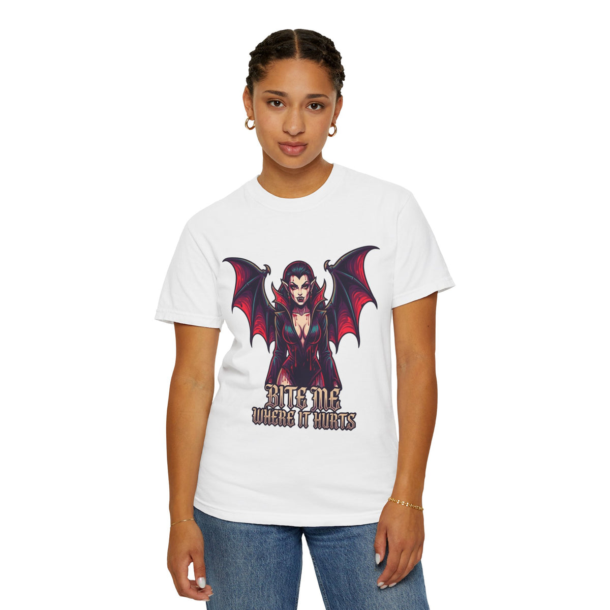 Color: White | Bite Me Where It Hurts Unisex Garment-Dyed Tee