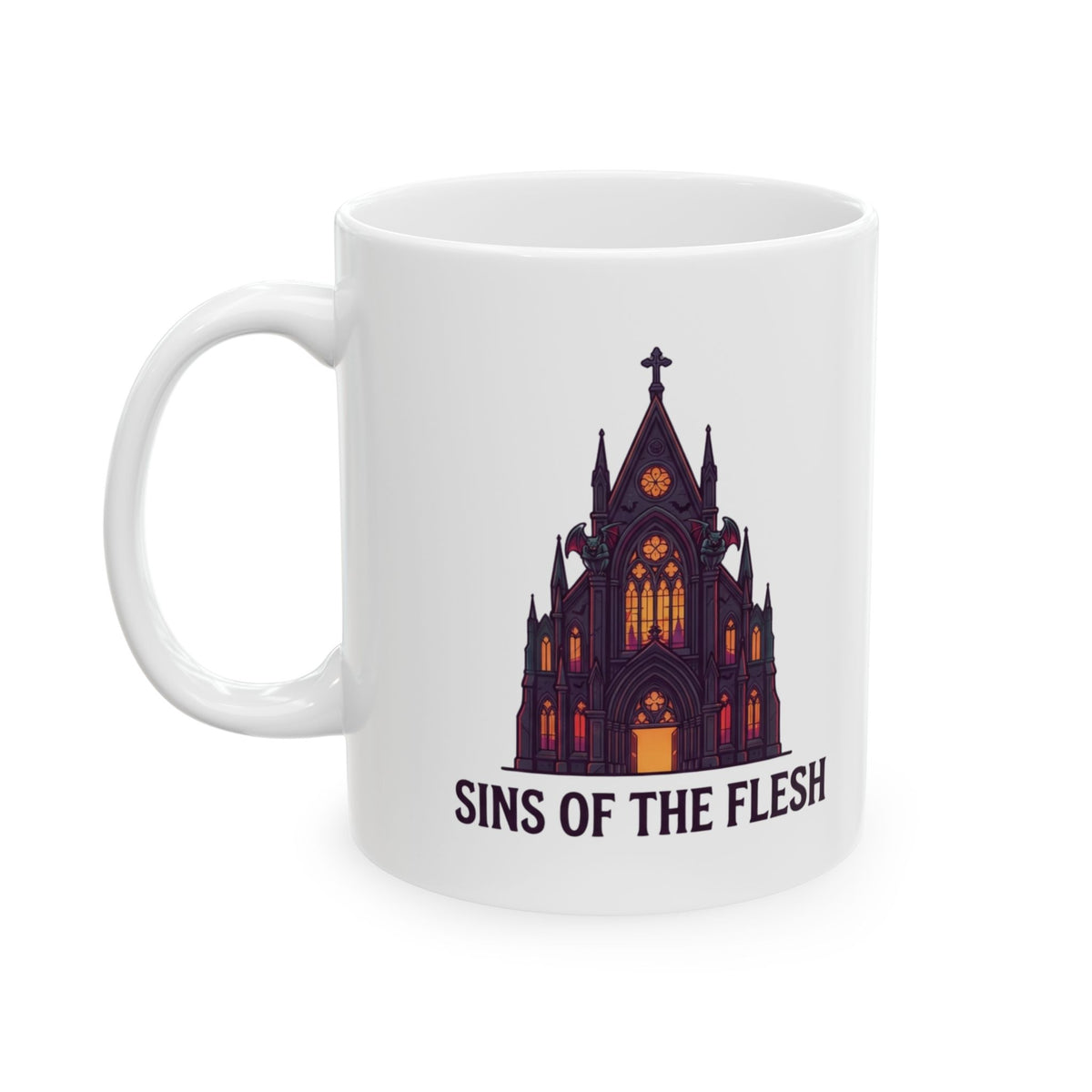 "Sins of The Flesh Group Rates" White Ceramic Mug — Graphic