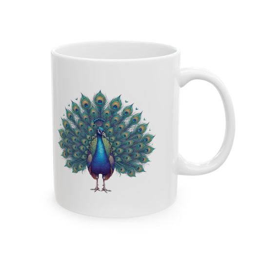 "Hippy Peacock" White Ceramic Mug