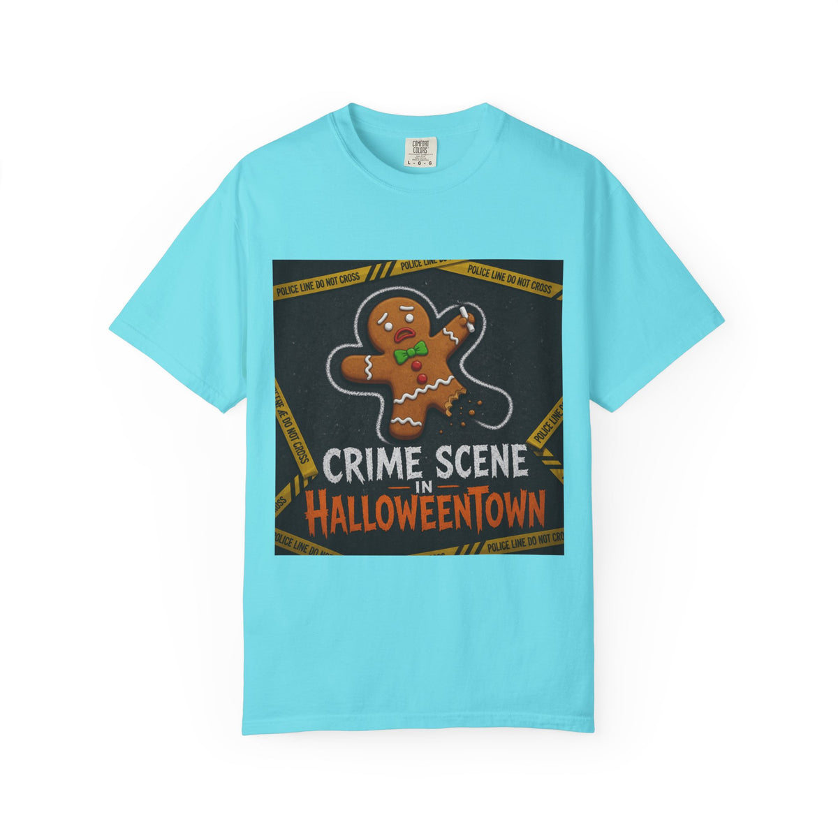 Color: Lagoon Blue | Crime Scene in Halloweentown Unisex Garment-Dyed Tee