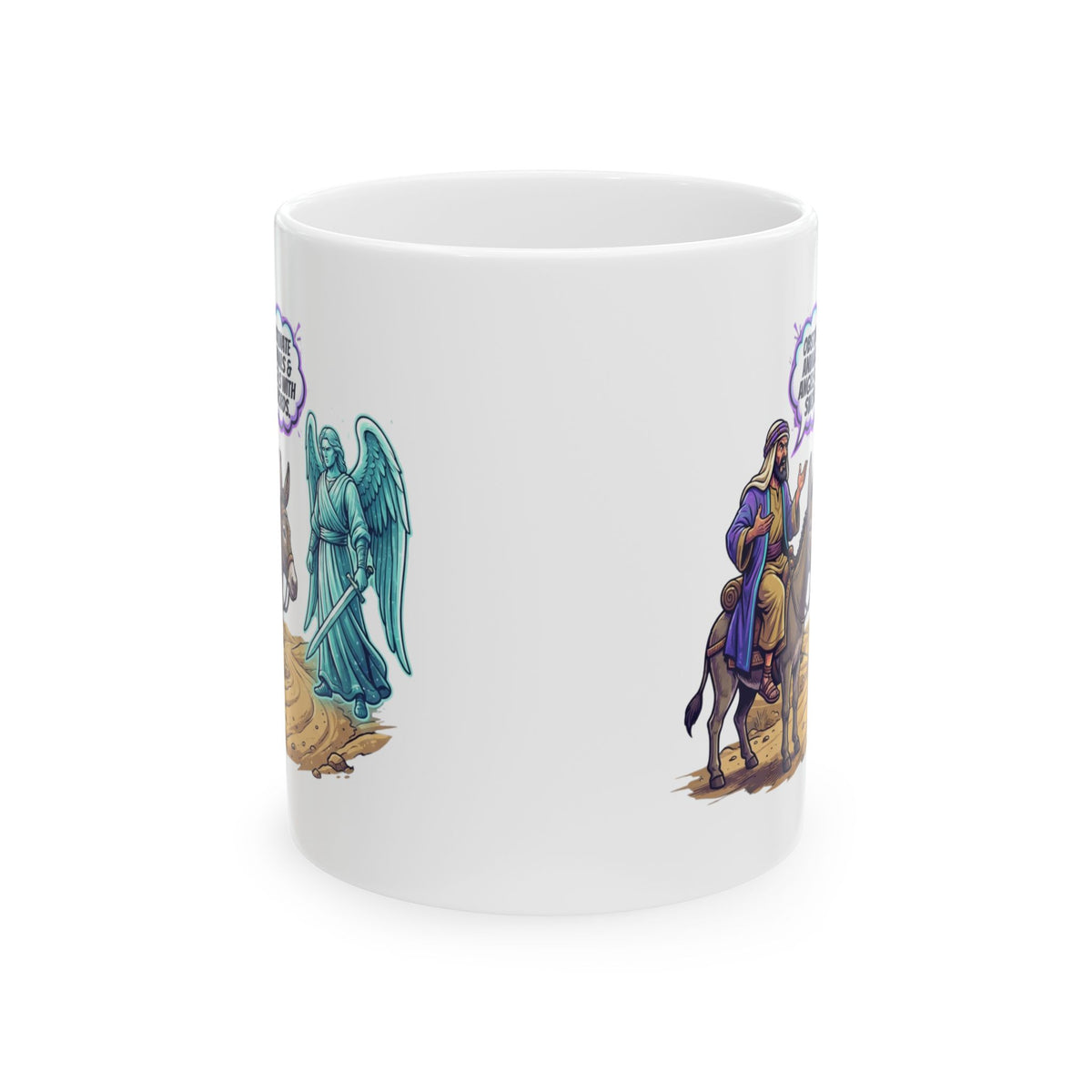 "Good Book Series Obstinate Animals & Angels With Swords" White Ceramic Mug