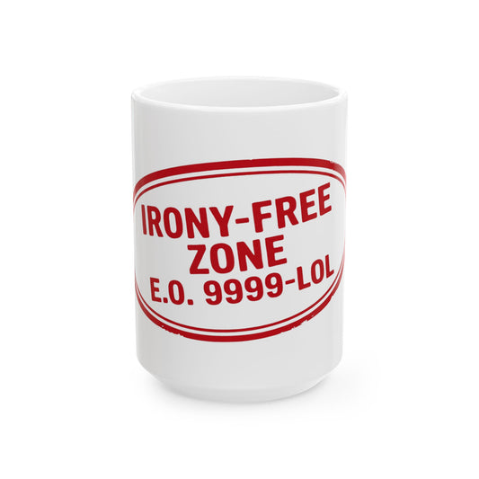 "Irony Free" White Ceramic Mug — Graphic