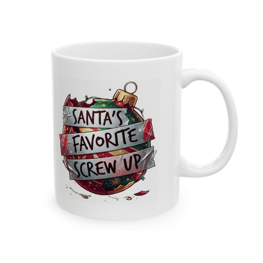 "Santa's Favorite Screw Up" White Ceramic Mug — Graphic