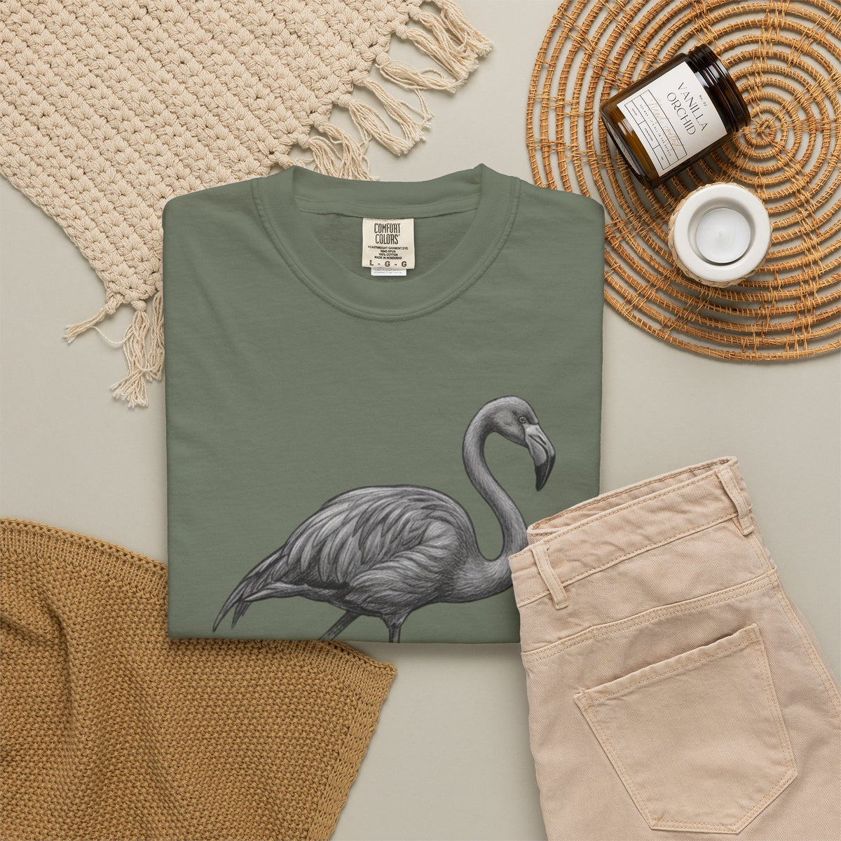 "Pencil Sketch Art Flamingo" Unisex Garment-Dyed Tee