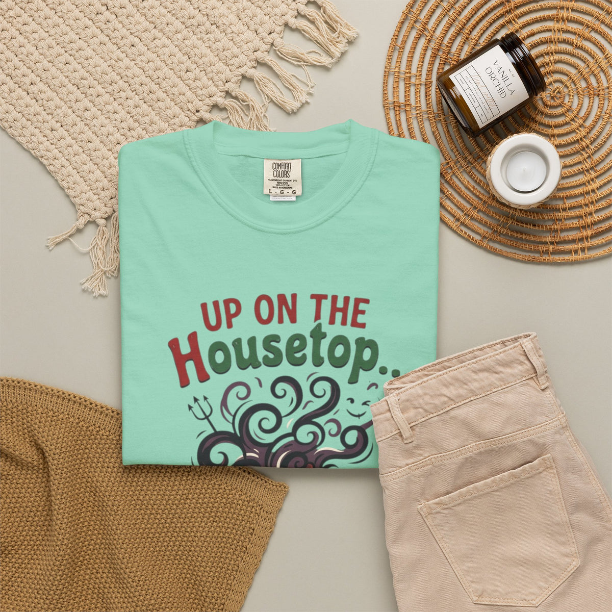 "Up On The Housetop Doing Naughty Stuff" Unisex Garment-Dyed Tee