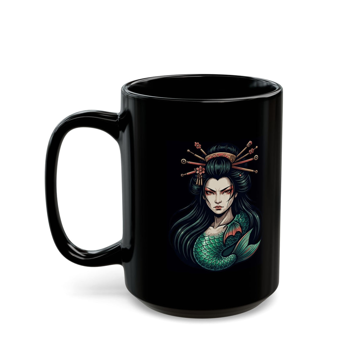 "Ningyo (Japanese Folklore)" Black Ceramic Mug — Graphic