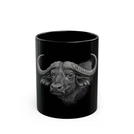 "Pencil Sketch Art Cape Buffalo" Black Ceramic Mug — Graphic